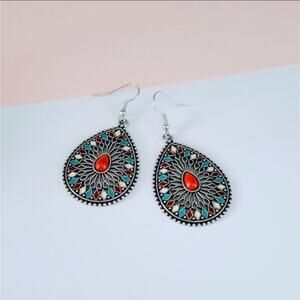 Red, blue, cream boho statement drop earrings